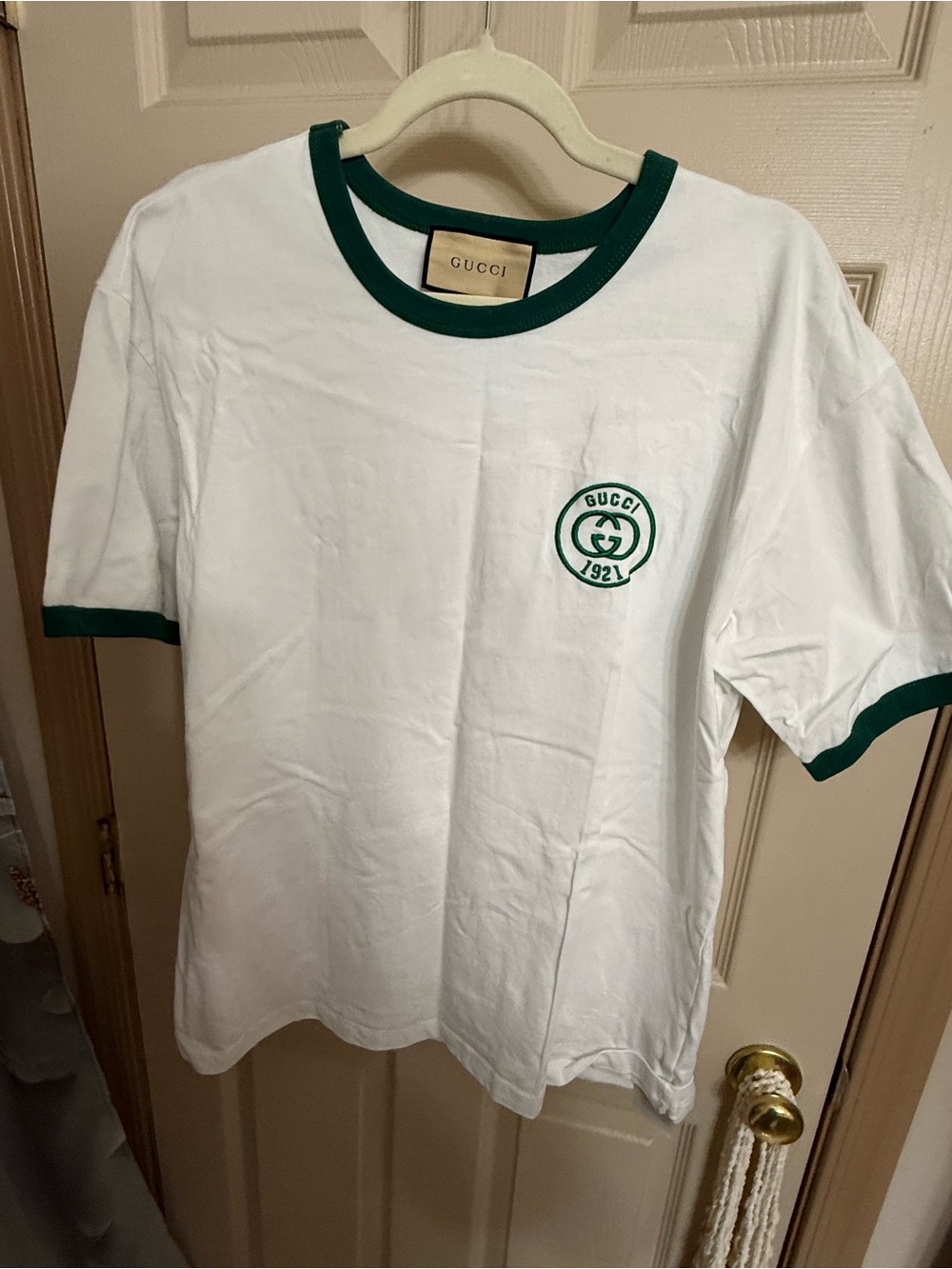 Gucci White Short-Sleeve Ringer Tee with Green Trim size Large